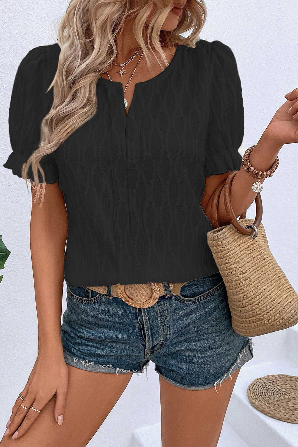 Black Solid Color Textured Notched Neck Puff Sleeve Blouse