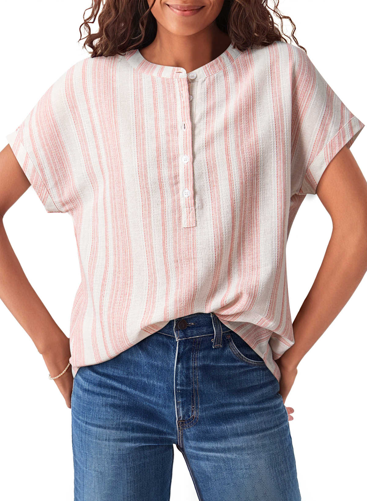 Fiery Red Breathable Gauze Half Button Short Sleeve Casual Blouse