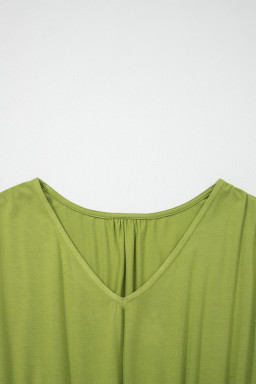 Fern Green Solid V Neck Cap Sleeve Tunic Elastic Waist Versatile Maxi Dress