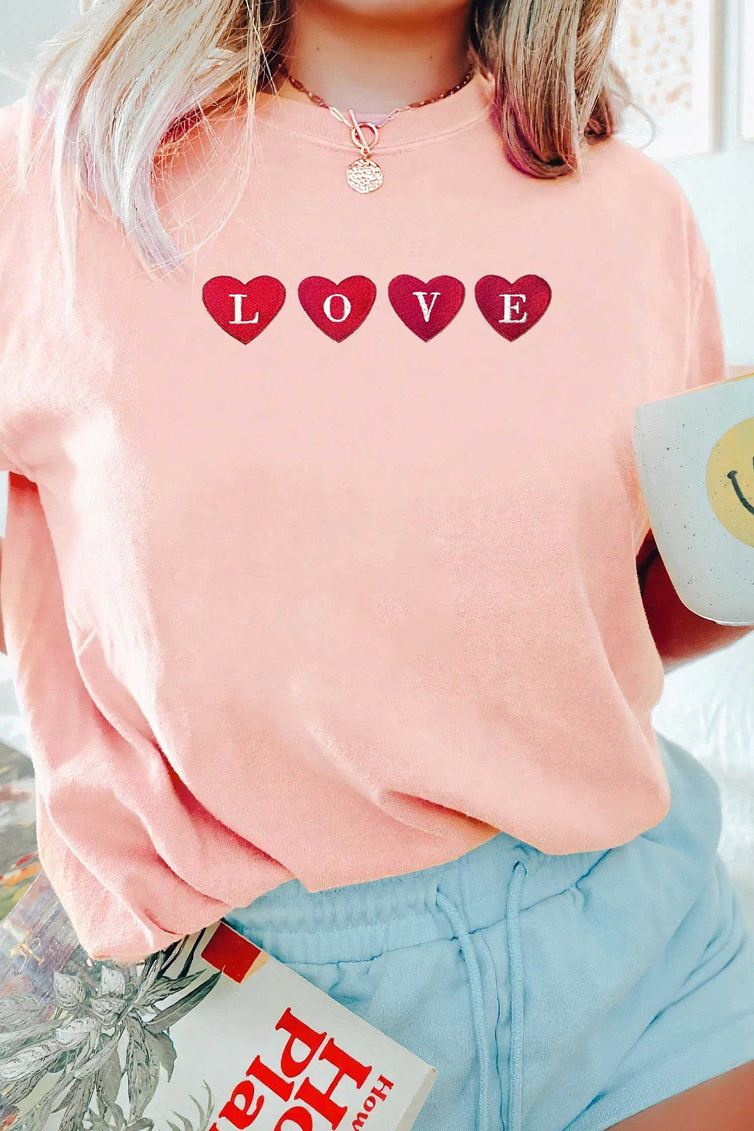 Pink LOVE In Hearts Embroidered Graphic Tee