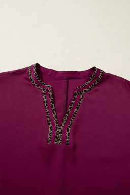 Red Dahlia Contrast Leopard Trim V Neck Short Sleeve Blouse