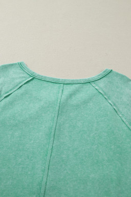 Mint Green Half Buttons Raw Seam Raglan Sleeve Mineral Wash T Shirt