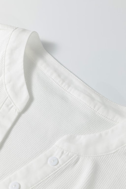 White Button Placket 3/4 Striped Sleeve Patchwork Rib Knit Top