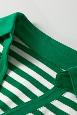 Green Stripe Collared V Neck Short Puff Sleeve Top