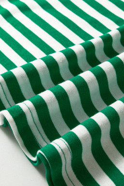 Green Stripe Collared V Neck Short Puff Sleeve Top