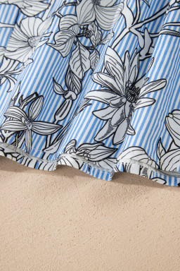 Sky Blue Floral Striped Printed Polo Collar Short Sleeve Blouse