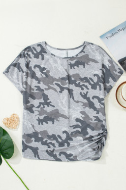 Gray Camouflage Print Round Neck T Shirt