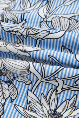 Sky Blue Floral Striped Printed Polo Collar Short Sleeve Blouse