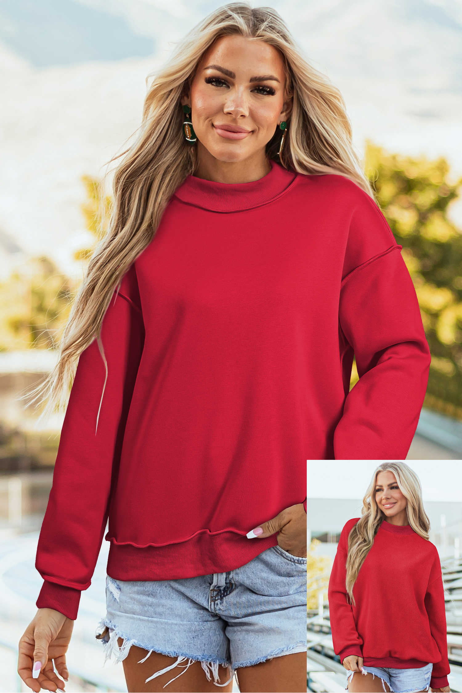 Racing Red Oversize Drop Shoulder Reversible Mock Neck Sweatshirt
