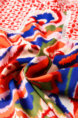 Red Paisley Geometric Mixed Print Patchwork Puff Sleeve Blouse Top