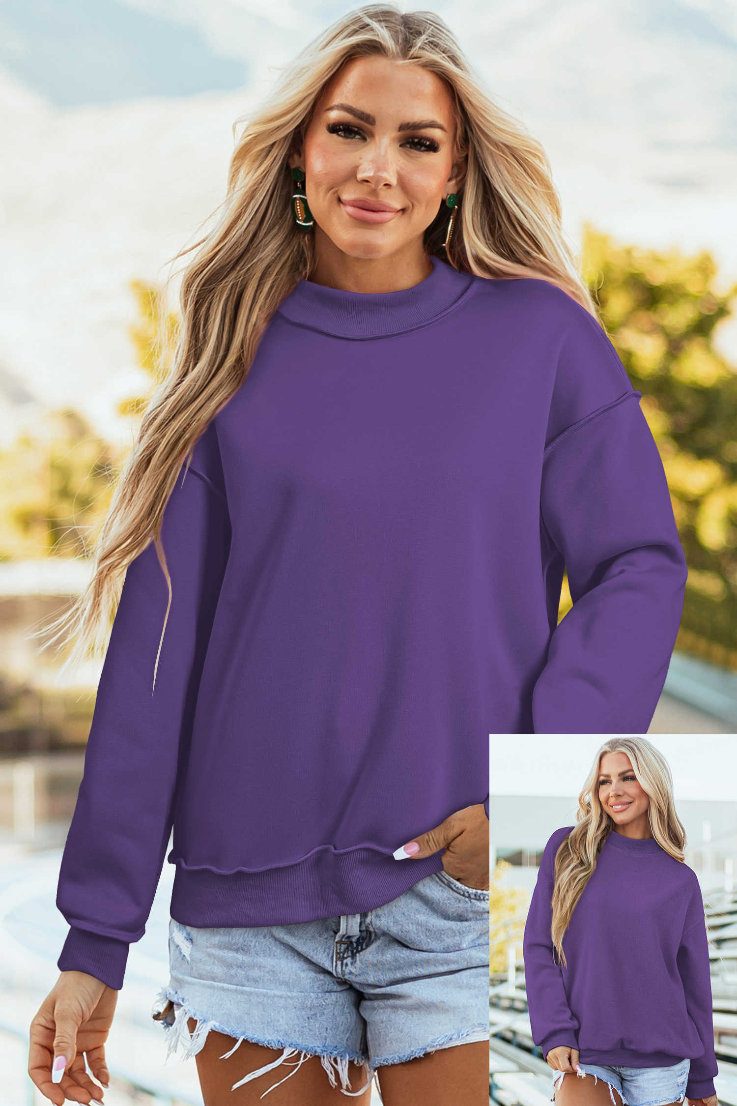 Tillandsia Purple Oversize Drop Shoulder Reversible Mock Neck Sweatshirt
