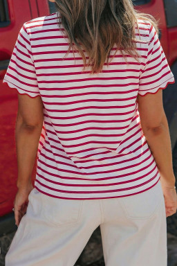 Red Stripe Scalloped Trim Round Neck T Shirt