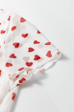 Red Allover Heart Print Mesh Short Sleeve Top
