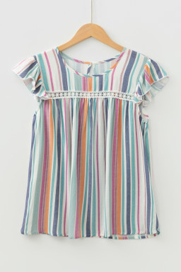 Light Blue Lace Hollow-out Insert Flutter Sleeve Striped Blouse