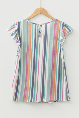 Light Blue Lace Hollow-out Insert Flutter Sleeve Striped Blouse