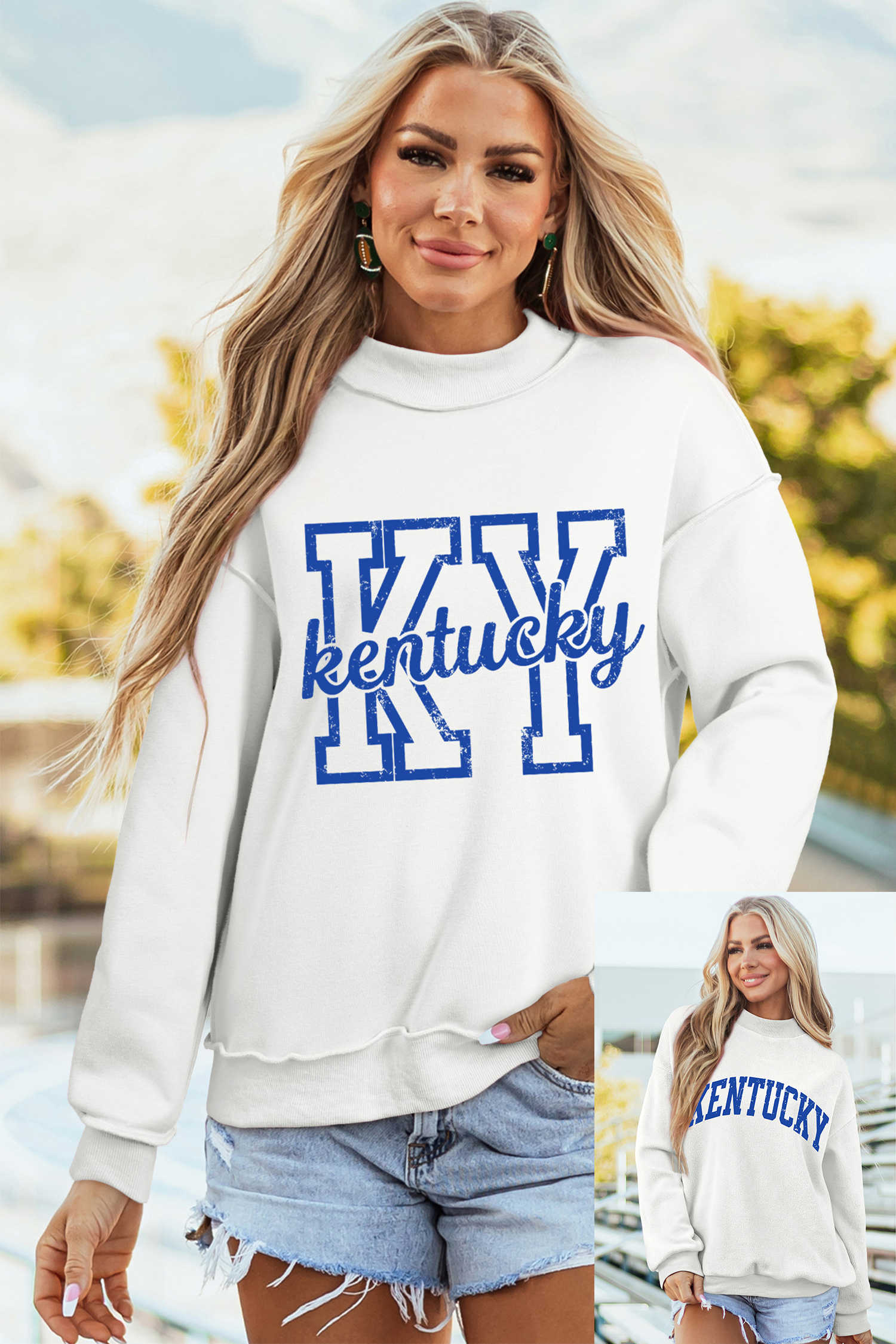 White Kentucky Graphic Mock Neck Reversible Sweatshirt