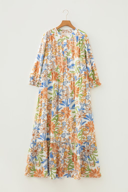 Khaki Floral Print 3/4 Sleeves Tiered Plus Size Long Dress