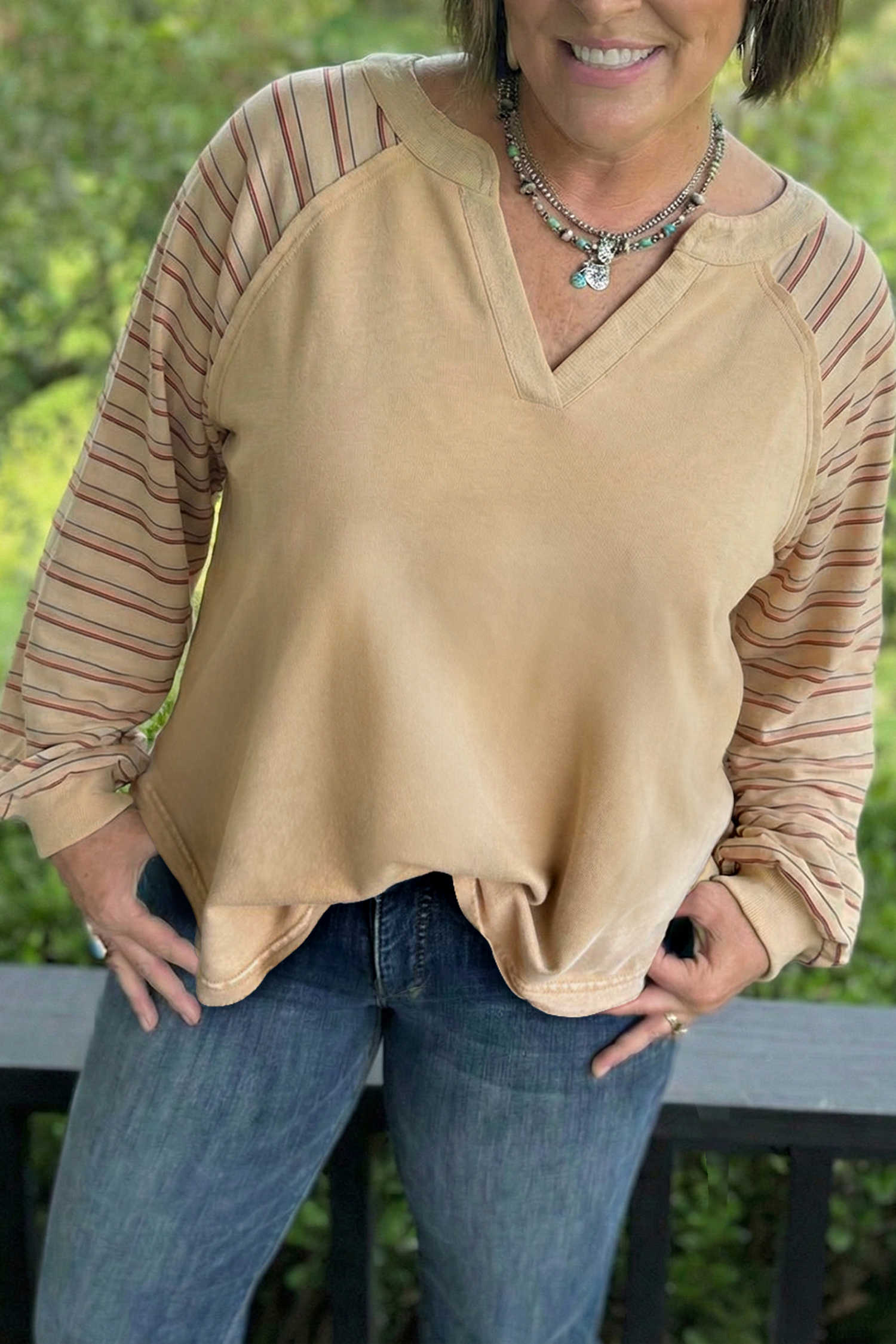 Parchment Striped Raglan Sleeve Notched Neck Raw Edge Plus Size Jumper