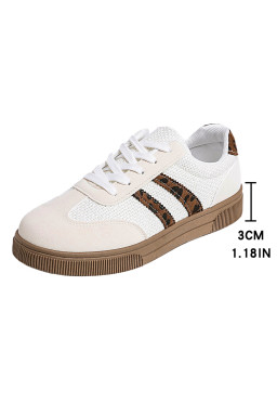 White Textured Woven PU Leather Leopard Patchwork Flat Sneakers