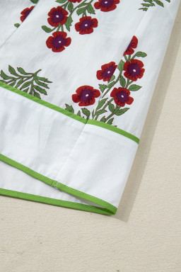 White Frilled V Neck 3/4 Sleeve Loose Floral Dress