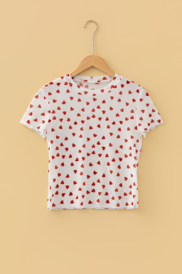 Red Allover Heart Print Mesh Short Sleeve Top