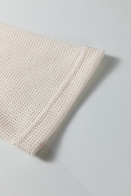 Beige Solid Color Waffle Knit Asymmetric Neck Long Sleeve Top