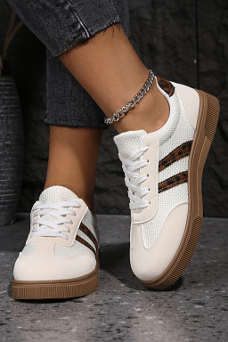 White Textured Woven PU Leather Leopard Patchwork Flat Sneakers