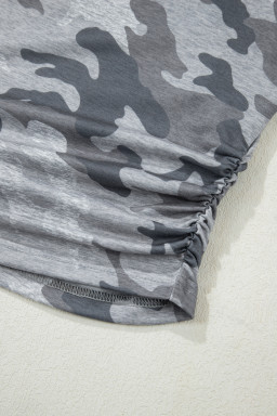 Gray Camouflage Print Round Neck T Shirt