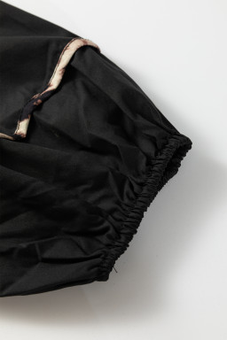 Black Plus Size Long Sleeve Leopard Contrasted Trim Tie Neck Flared Mini Dress