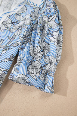 Sky Blue Floral Striped Printed Polo Collar Short Sleeve Blouse