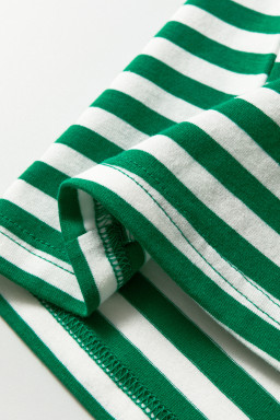 Green Stripe Collared V Neck Short Puff Sleeve Top