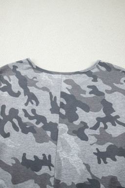 Gray Camouflage Print Round Neck T Shirt