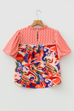 Red Paisley Geometric Mixed Print Patchwork Puff Sleeve Blouse Top