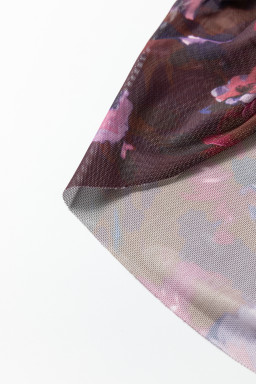 Brown High Neck Ruched Floral Mesh Top