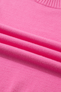 Sachet Pink Solid Color Ribbed Trim Round Neck Ruffle Short Sleeve Sweater