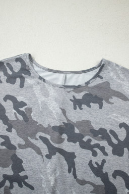 Gray Camouflage Print Round Neck T Shirt