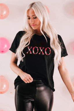 Black XOXO Floral Letter Embroidered Crew Neck T Shirt