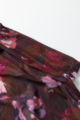 Brown High Neck Ruched Floral Mesh Top