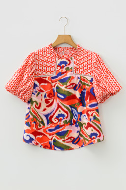 Red Paisley Geometric Mixed Print Patchwork Puff Sleeve Blouse Top