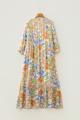 Khaki Floral Print 3/4 Sleeves Tiered Plus Size Long Dress