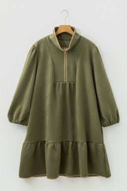 Jungle Green Plus Size Textured Contrast Trim Quarter Zip Bracelet Sleeve Mini Dress