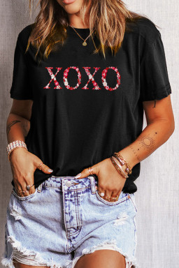 Black XOXO Floral Letter Embroidered Crew Neck T Shirt