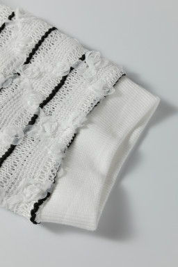 White Button Placket 3/4 Striped Sleeve Patchwork Rib Knit Top