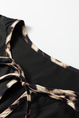 Black Plus Size Long Sleeve Leopard Contrasted Trim Tie Neck Flared Mini Dress