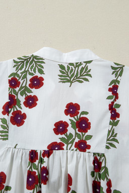 White Frilled V Neck 3/4 Sleeve Loose Floral Dress