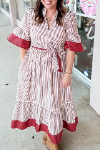 Red Stripe Plus Size Ruffled Hem Pinstriped Midi Dress