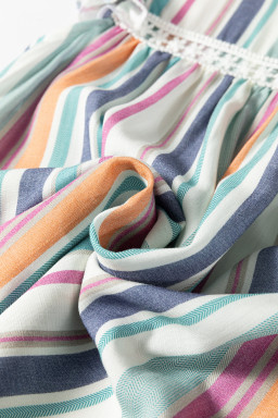 Light Blue Lace Hollow-out Insert Flutter Sleeve Striped Blouse