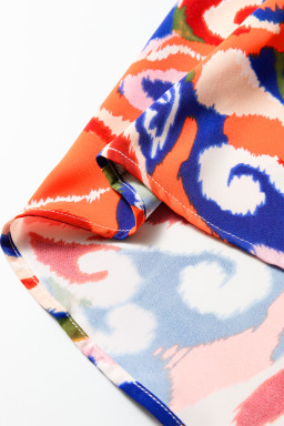 Red Paisley Geometric Mixed Print Patchwork Puff Sleeve Blouse Top