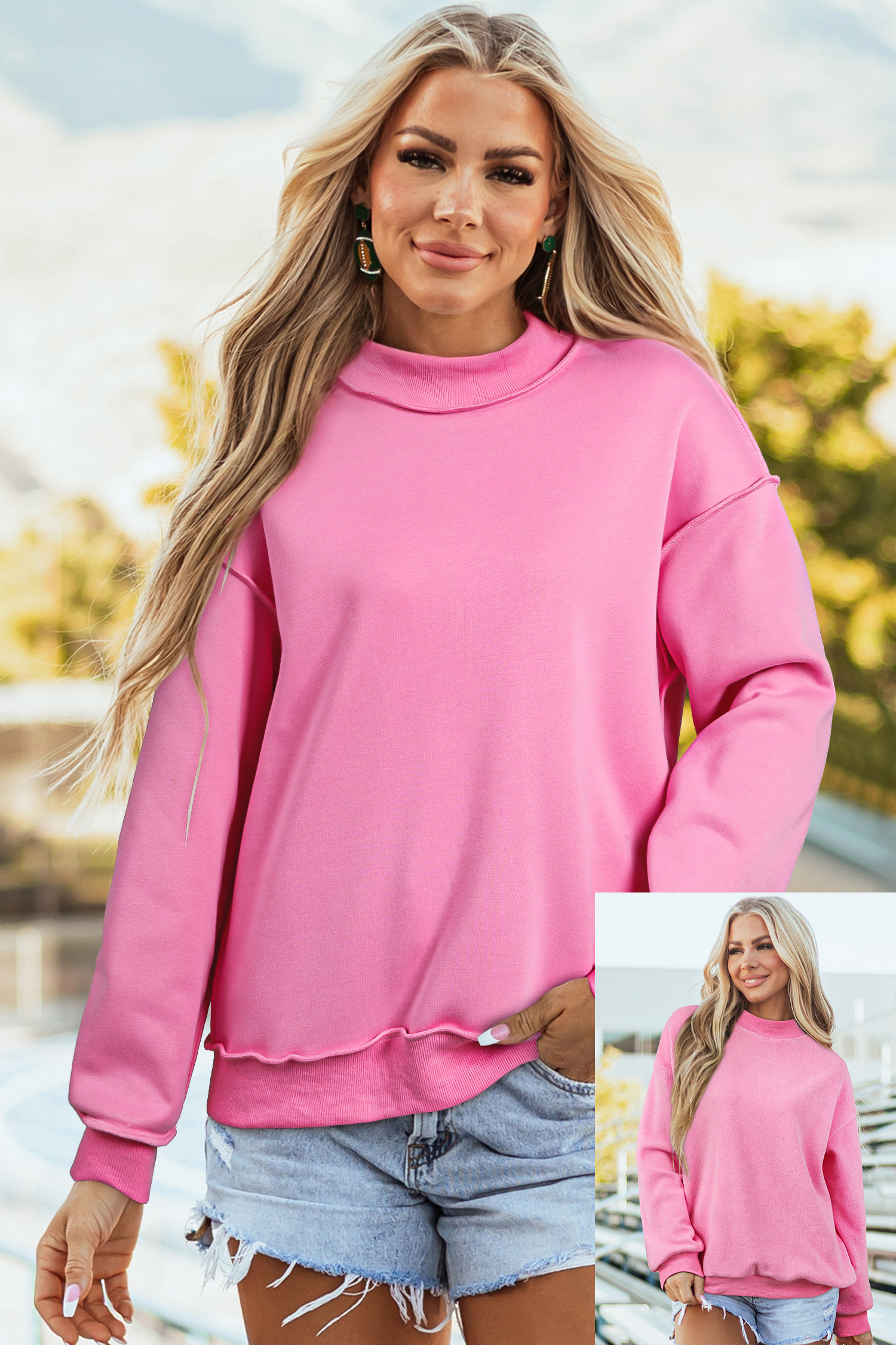 Bright Pink Oversize Drop Shoulder Reversible Mock Neck Sweatshirt