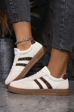 White Textured Woven PU Leather Leopard Patchwork Flat Sneakers